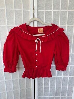 Vintage Red Women’s Ruffle Sailor-Collar Top
